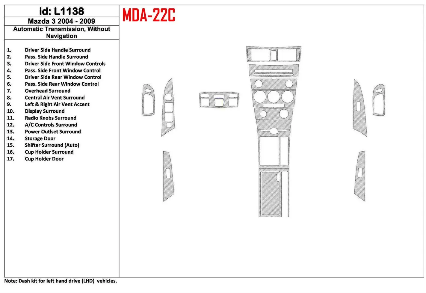 Mazda Mazda3 2004-2009 Automatic Gear, Without NAVI BD Interieur Dashboard Bekleding Volhouder