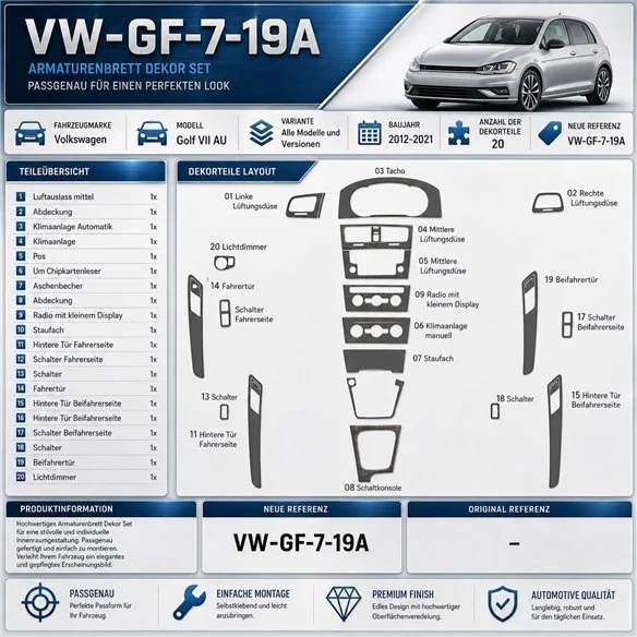 Volkswagen Golf VII AU 2012-2021 3D Cockpit Dekor Interieurleisten Set As shown in product diagram-teilig