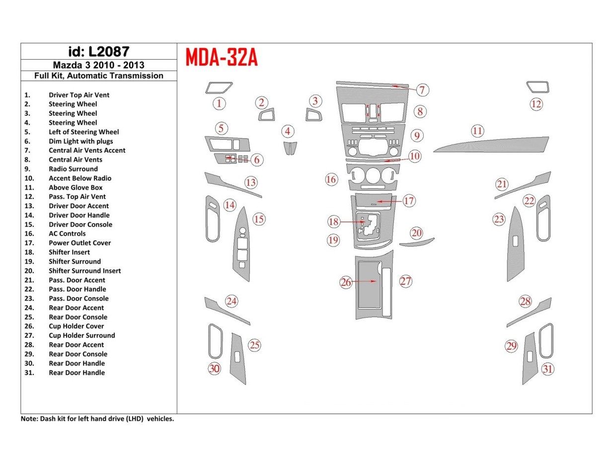Mazda Mazda3 2010-2013 Full Set, Automatic Gear BD Interieur Dashboard Bekleding Volhouder