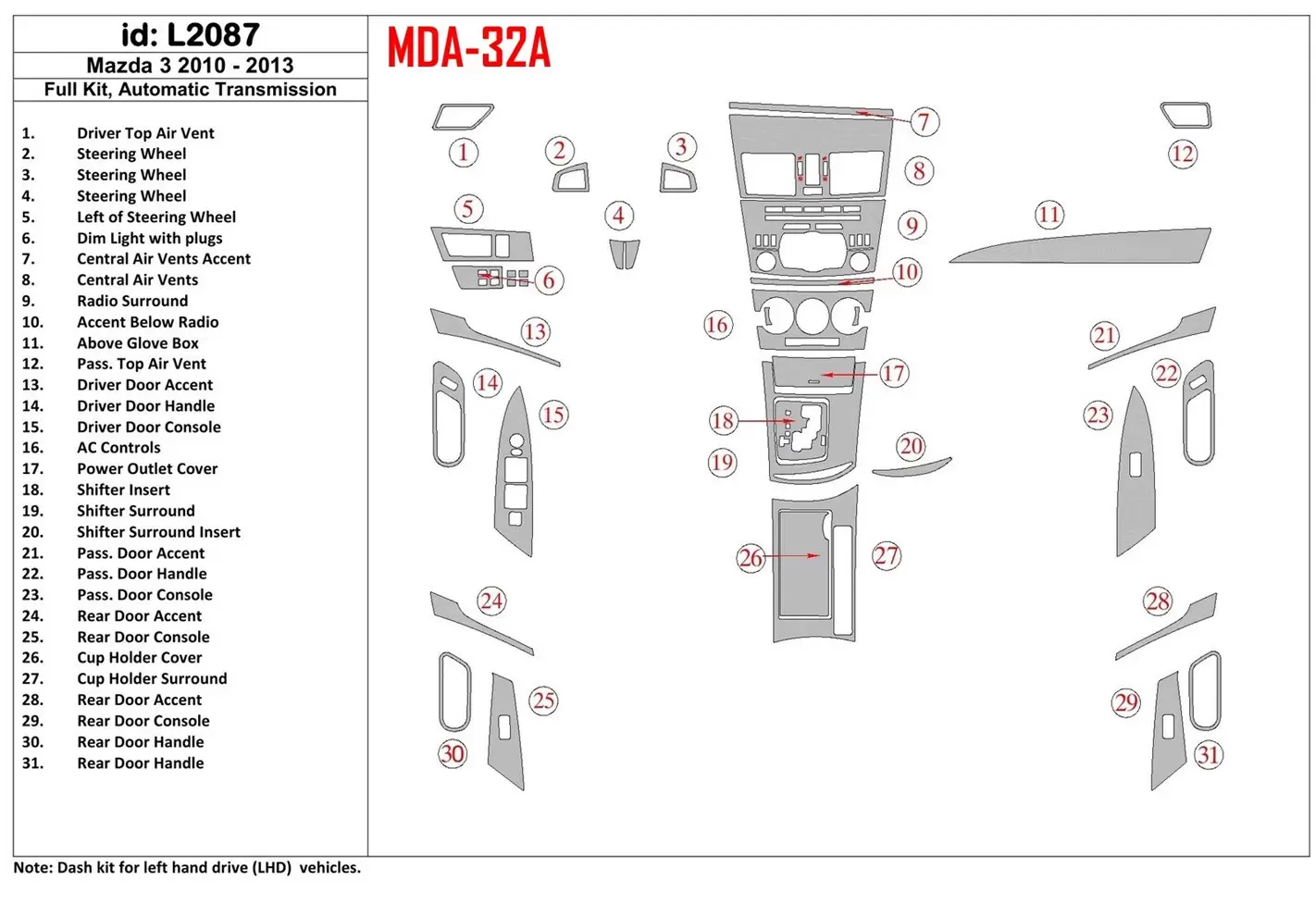 Mazda Mazda3 2010-2013 Full Set, Automatic Gear BD Interieur Dashboard Bekleding Volhouder