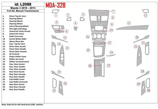 Mazda Mazda3 2010-2013 Full Set, Manual Gear Box Cruscotto BD Rivestimenti interni