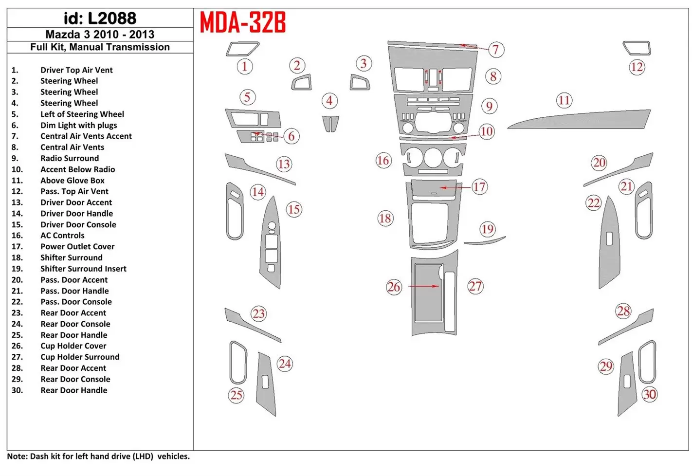Mazda Mazda3 2010-2013 Full Set, Manual Gear Box Cruscotto BD Rivestimenti interni