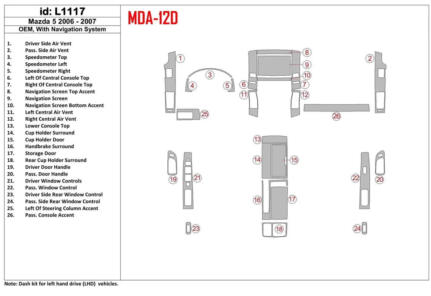 Mazda Mazda5 2006-2007 OEM, Avec NAVI BD Kit la décoration du tableau de bord - 1 - habillage decor de tableau de bord