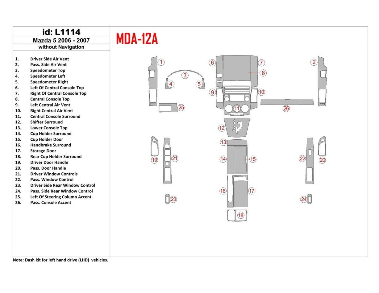 Mazda Mazda5 2006-2007 Sans NAVI BD Kit la décoration du tableau de bord - 1 - habillage decor de tableau de bord