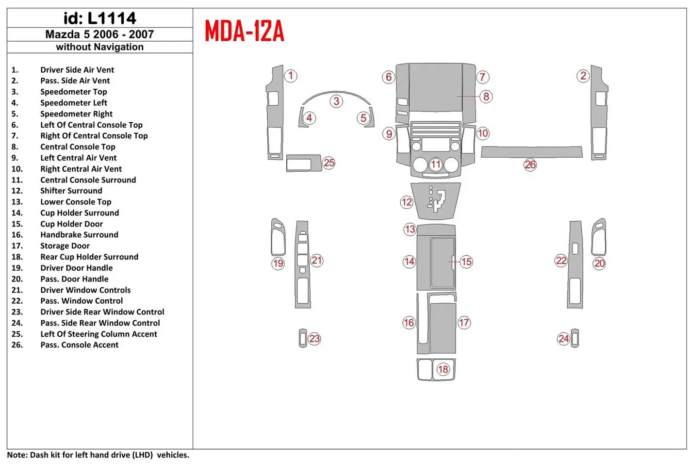 Mazda Mazda5 2006-2007 Sans NAVI BD Kit la décoration du tableau de bord - 1 - habillage decor de tableau de bord