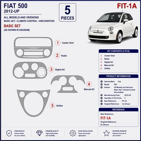 Fiat 500 2012+ Basisset, Climate-Control, Klimaanlage 3D Armaturenbrett-Dekor-Set 2