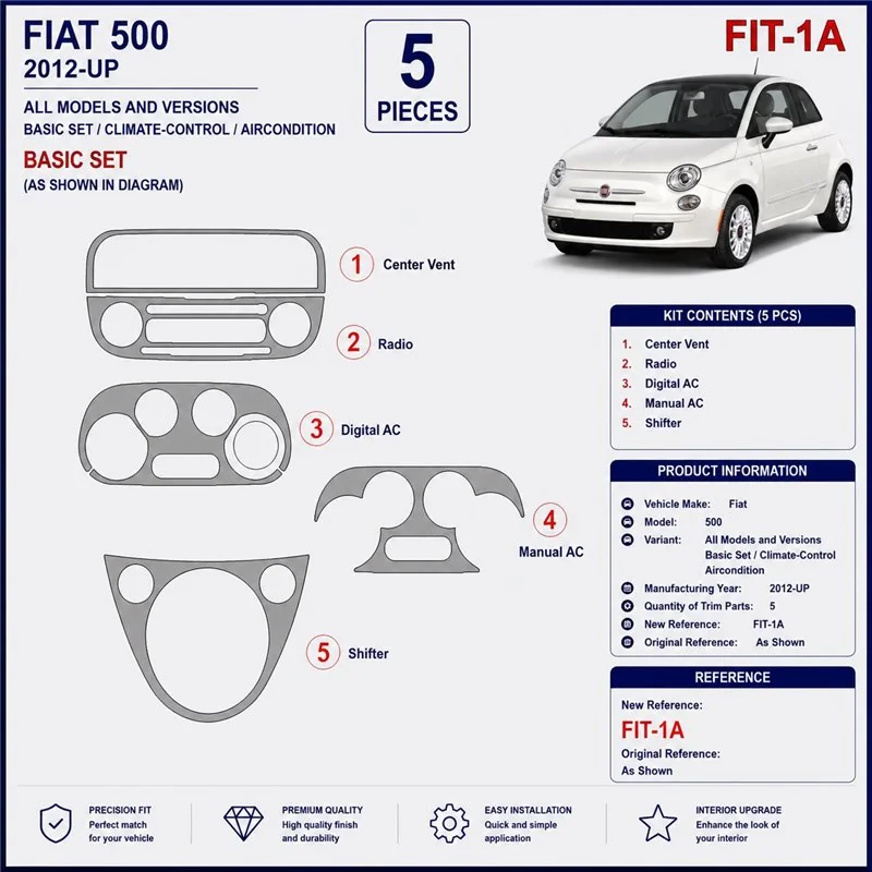 Fiat 500 2012+ set de base, Climate-Control, climatisation kit décor tableau de bord 3D