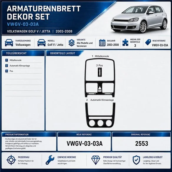 Volkswagen Golf V Jetta 2003-2008 automatic AC 3D Interior Dashboard Trim Kit Dash Trim Dekor 3-Parts