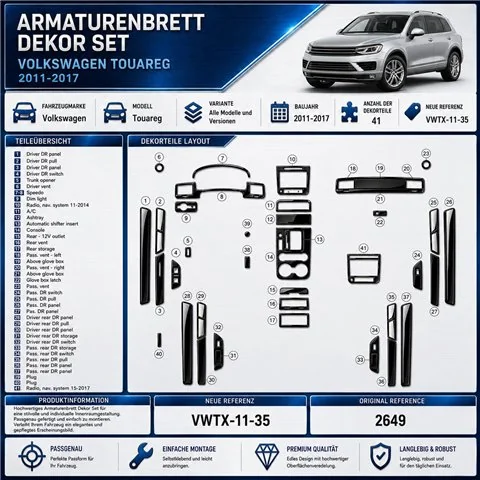 Volkswagen Touareg 2011-2017 kit rivestimento cruscotto e interni 3D 35 pezzi