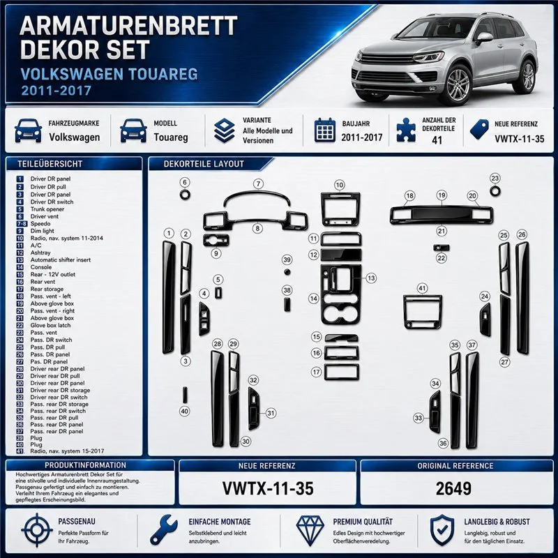 Volkswagen Touareg 2011-2017 3D interieur dashboard decoratieset dashboard decor 35-delen