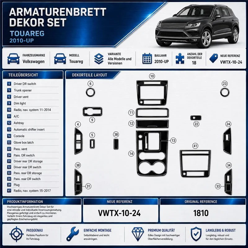 Volkswagen Toureg 2010-Actualidad kit 3D de molduras interiores para salpicadero 24 piezas