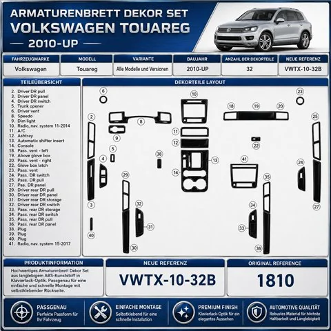 Volkswagen Touareg II 2010-2018 3D dashboard sierlijstset, 22 delen 2