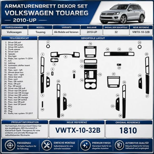 Volkswagen Touareg II 2010-2018 3D Cockpit Dekor Interieurleisten Set 22-teilig