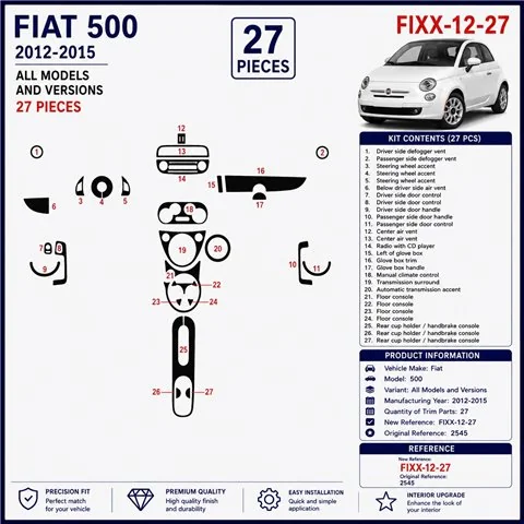 Fiat 500 2012-2015 kit décor tableau de bord 3D, 27 pièces 2