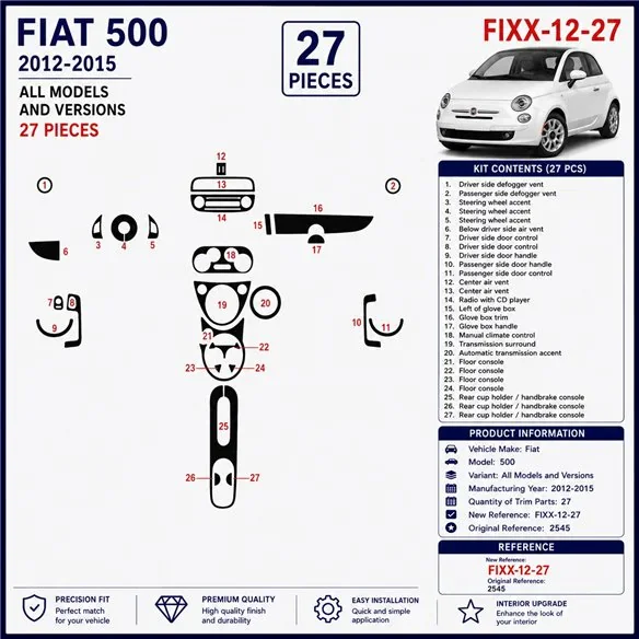 Fiat 500 2012-2015 kit décor tableau de bord 3D, 27 pièces