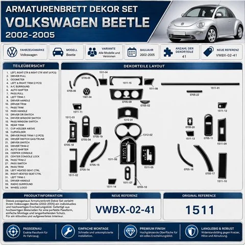 Volkswagen Beetle 2002-2005 3D Cockpit Dekor Interieurleisten Set 41-teilig