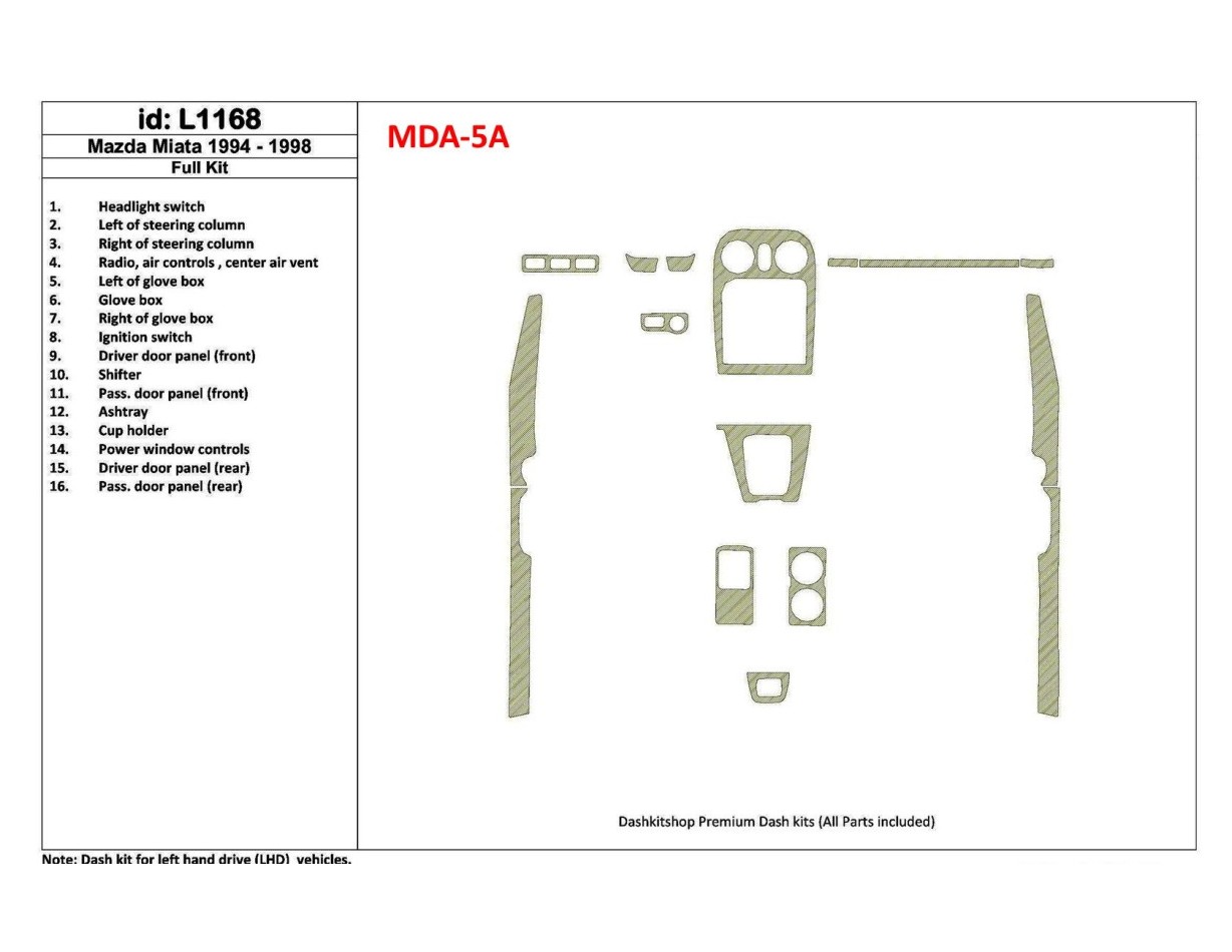 Mazda Miata 1994-1998 Full Set, 16 Parts set BD Interieur Dashboard Bekleding Volhouder