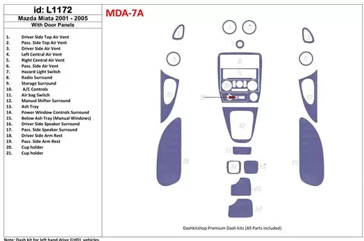 Mazda Miata 2001-2005 With Door panels, 21 Parts set BD Interieur Dashboard Bekleding Volhouder