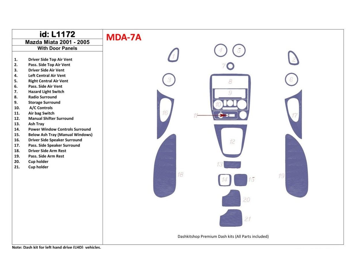 Mazda Miata 2001-2005 With Door panels, 21 Parts set BD Interieur Dashboard Bekleding Volhouder