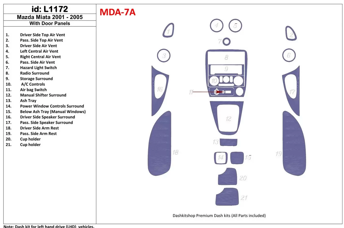 Mazda Miata 2001-2005 With Door panels, 21 Parts set Interior BD Dash Trim Kit