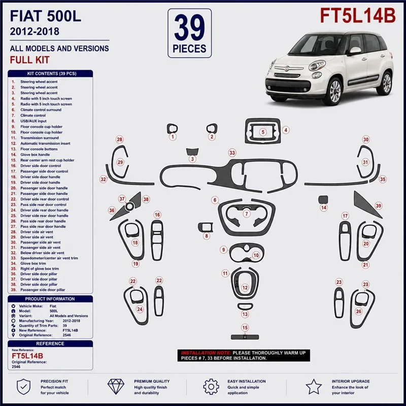 Fiat 500L 2012-2018 3D dashboard sierlijstset, 39 delen