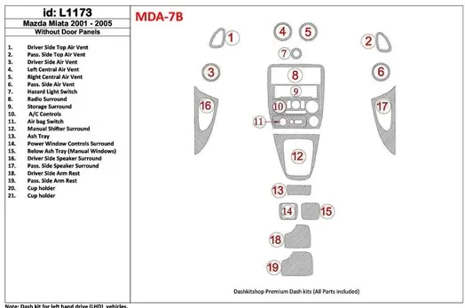 Mazda Miata 2001-2005 Without Door panels, 19 Parts set Interior BD Dash Trim Kit