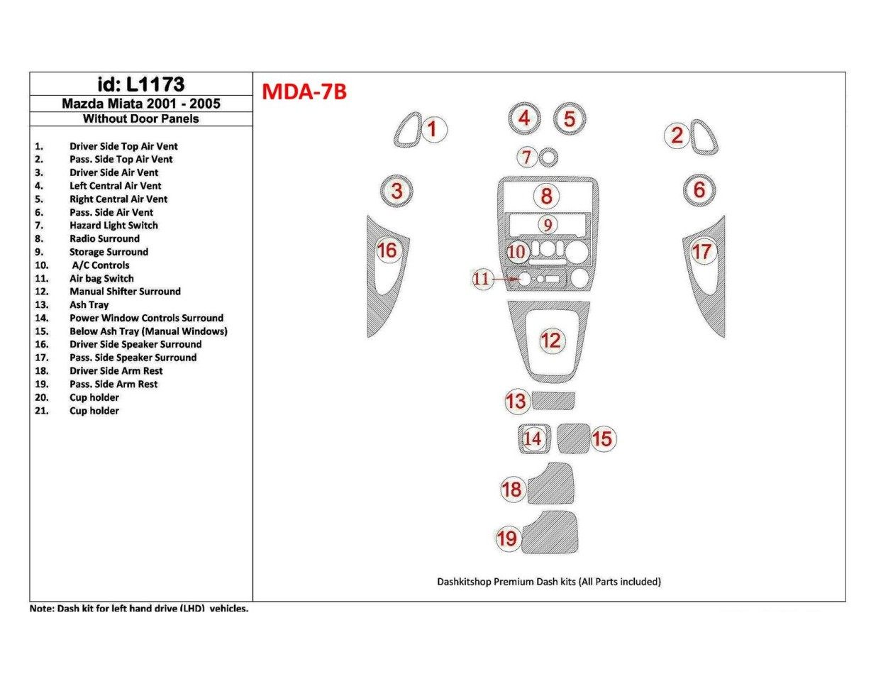 Mazda Miata 2001-2005 Without Door panels, 19 Parts set BD innenausstattung armaturendekor cockpit dekor - 1- Cockpit Dekor Inne