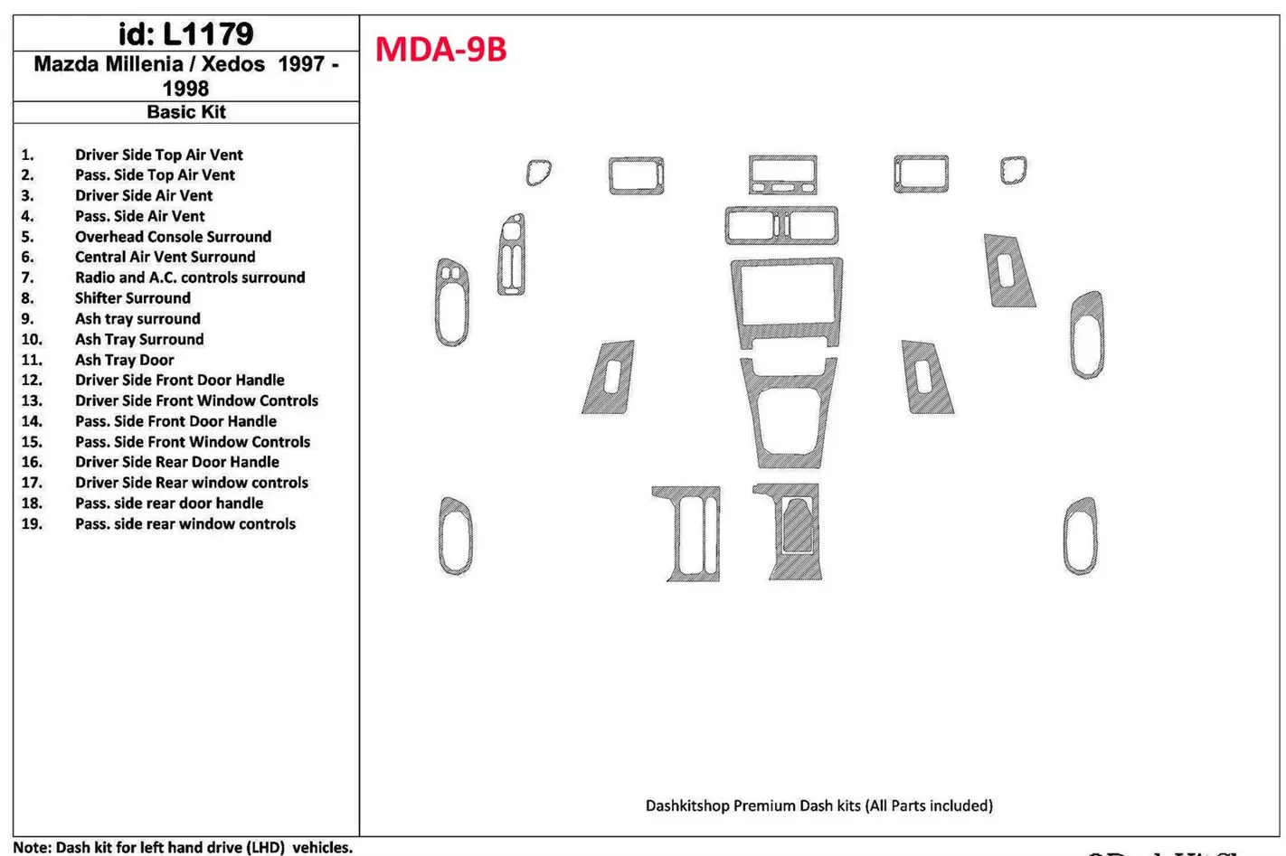 Mazda Milenia 1997-1998 Basic Set, Without OEM, 19 Parts set BD Interieur Dashboard Bekleding Volhouder