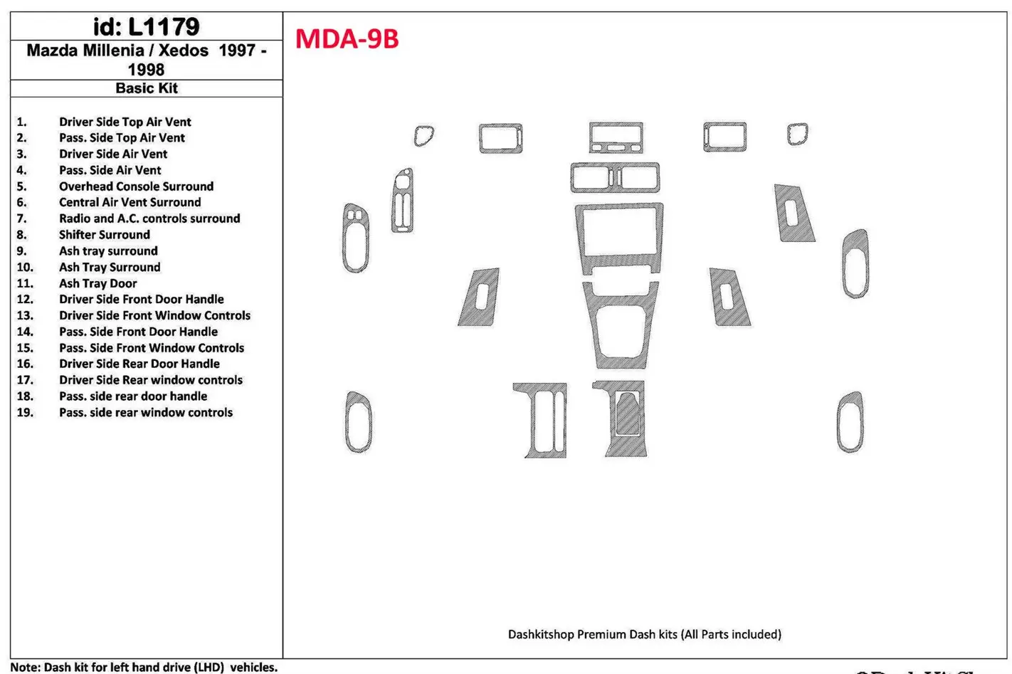 Mazda Milenia 1997-1998 Basic Set, Without OEM, 19 Parts set Decor de carlinga su interior