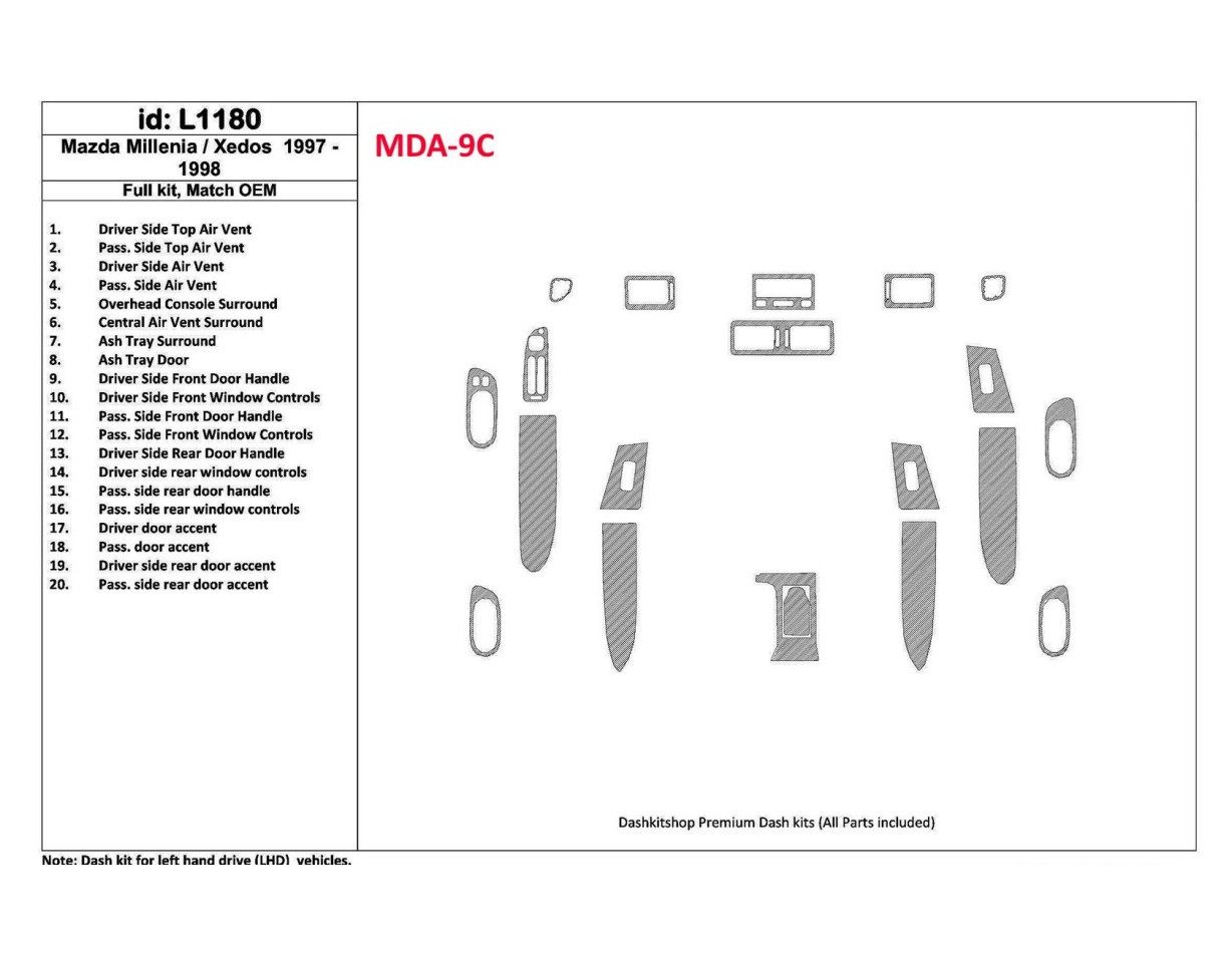 Mazda Milenia 1997-1998 Full Set, OEM Compliance, 20 Parts set BD Interieur Dashboard Bekleding Volhouder