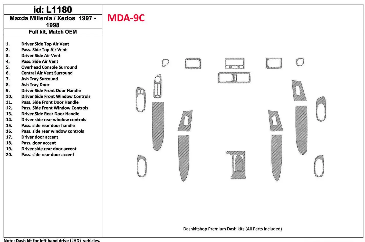 Mazda Milenia 1997-1998 Full Set, OEM Compliance, 20 Parts set BD Interieur Dashboard Bekleding Volhouder