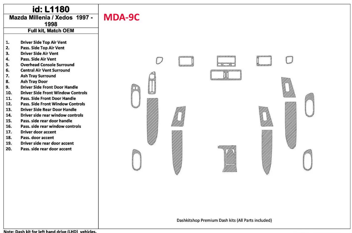 Mazda Milenia 1997-1998 Full Set, OEM Compliance, 20 Parts set Interior BD Dash Trim Kit