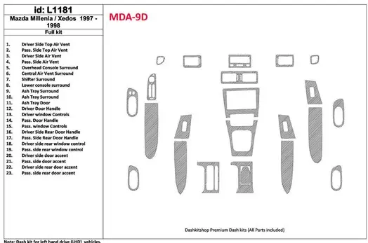 Mazda Milenia 1997-1998 Without Fabric, 23 Parts set BD Interieur Dashboard Bekleding Volhouder