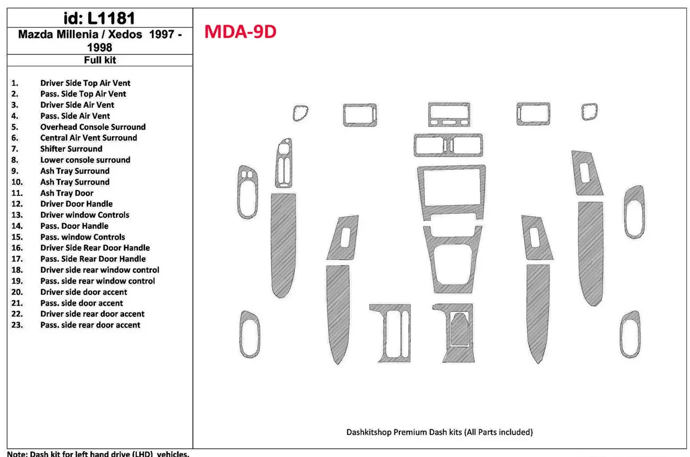 Mazda Milenia 1997-1998 Without Fabric, 23 Parts set BD innenausstattung armaturendekor cockpit dekor - 1- Cockpit Dekor Innenra