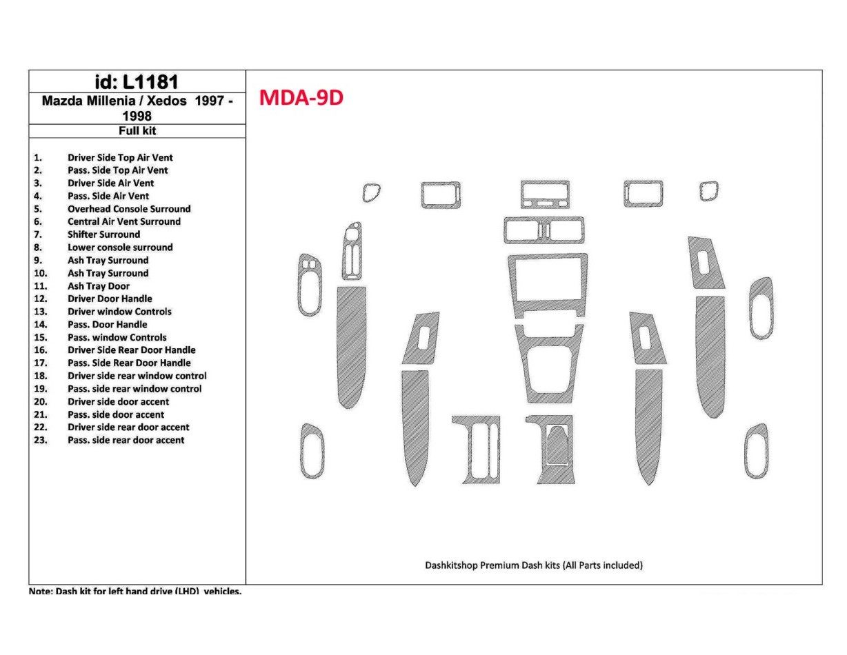 Mazda Milenia 1997-1998 Without Fabric, 23 Parts set BD Interieur Dashboard Bekleding Volhouder