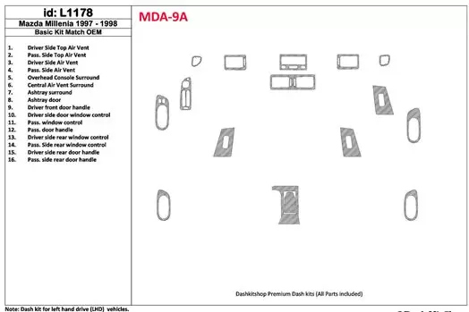 Mazda Milenia 1998-1998 Full Set, OEM Compliance, 16 Parts set BD Interieur Dashboard Bekleding Volhouder