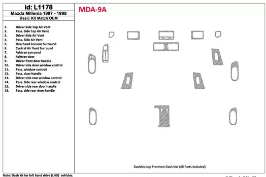 Mazda Milenia 1998-1998 Full Set, OEM Compliance, 16 Parts set Cruscotto BD Rivestimenti interni