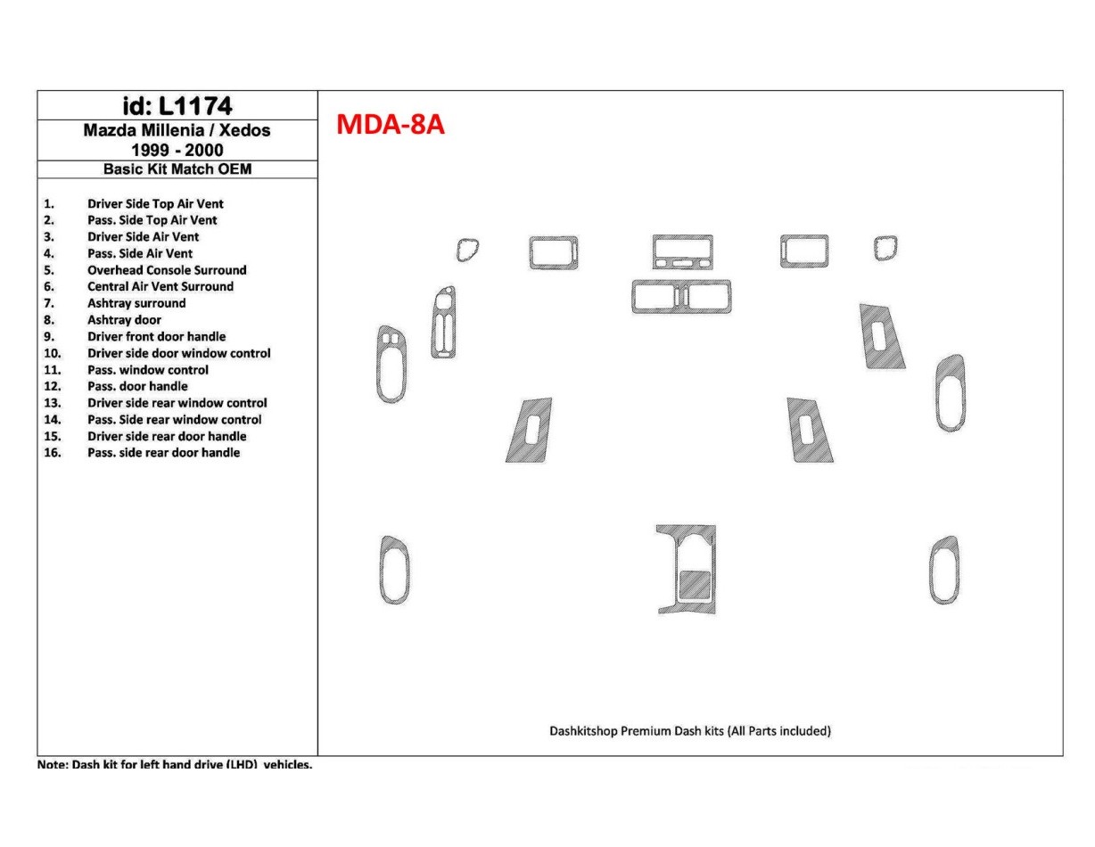 Mazda Milenia 1999-2000 Basic Set, OEM Compliance, 16 Parts set BD Interieur Dashboard Bekleding Volhouder