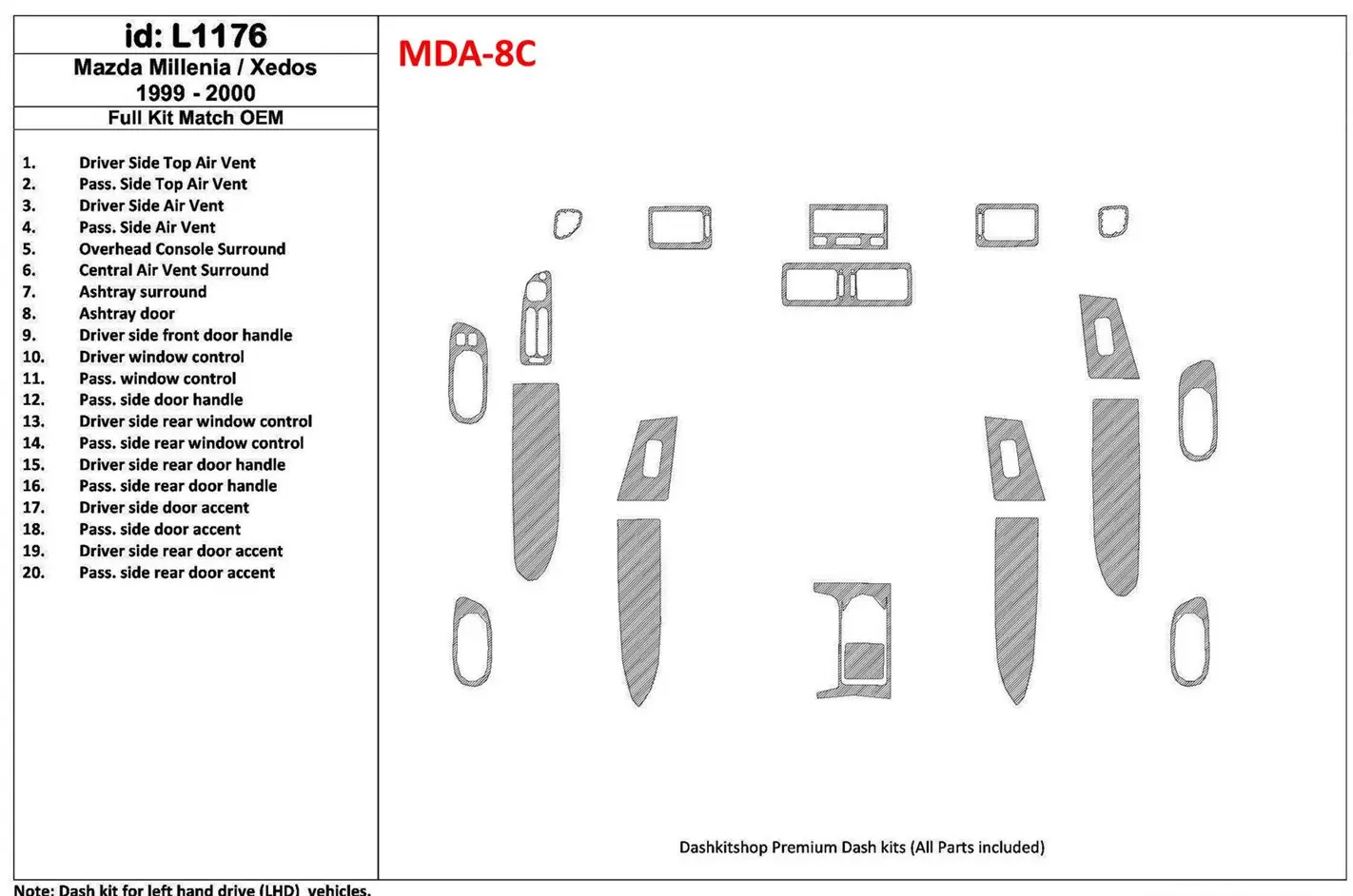 Mazda Milenia 1999-2000 Full Set, OEM Compliance, 20 Parts set Decor de carlinga su interior