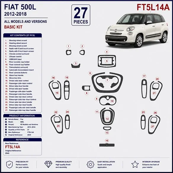 Fiat 500L 2012-2018 3D Armaturenbrett-Dekor-Set, 27 Teile