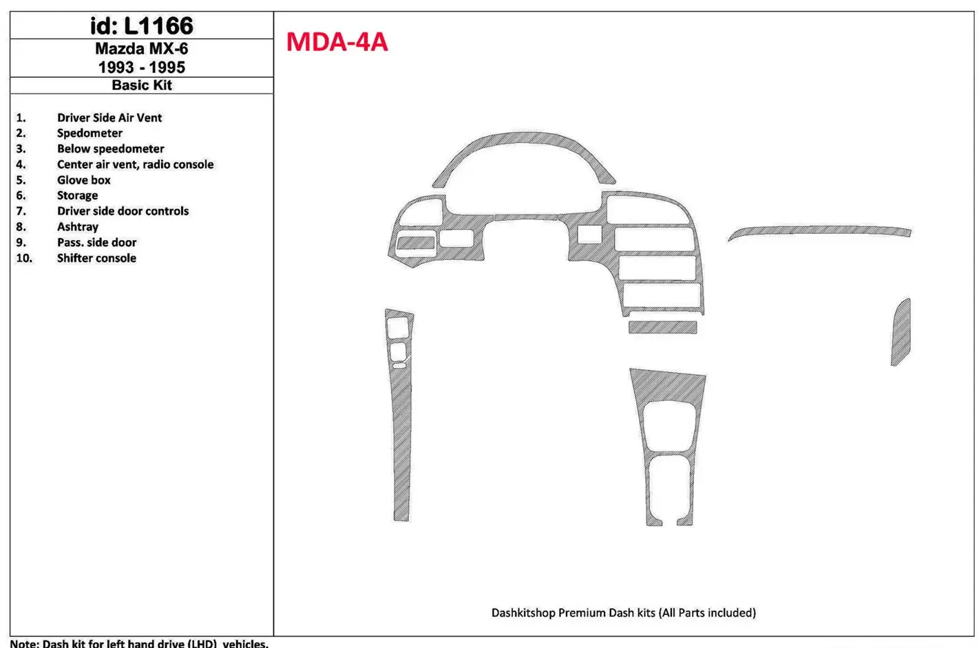 Mazda MX-6 1993-1995 Full Set, 11 Parts set BD Interieur Dashboard Bekleding Volhouder