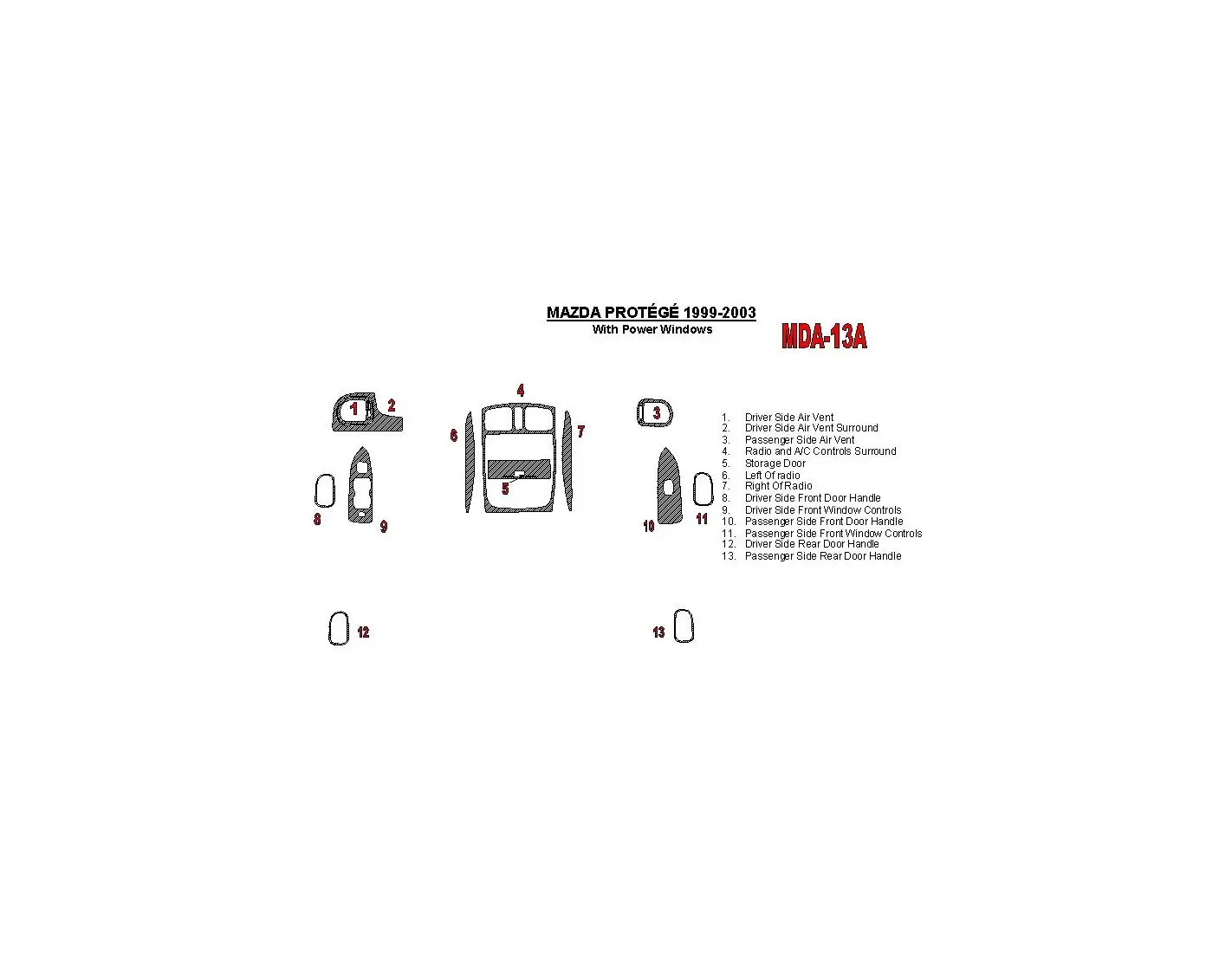 Mazda Protege 1999-UP With Power Windows 13 Parts set BD Interieur Dashboard Bekleding Volhouder