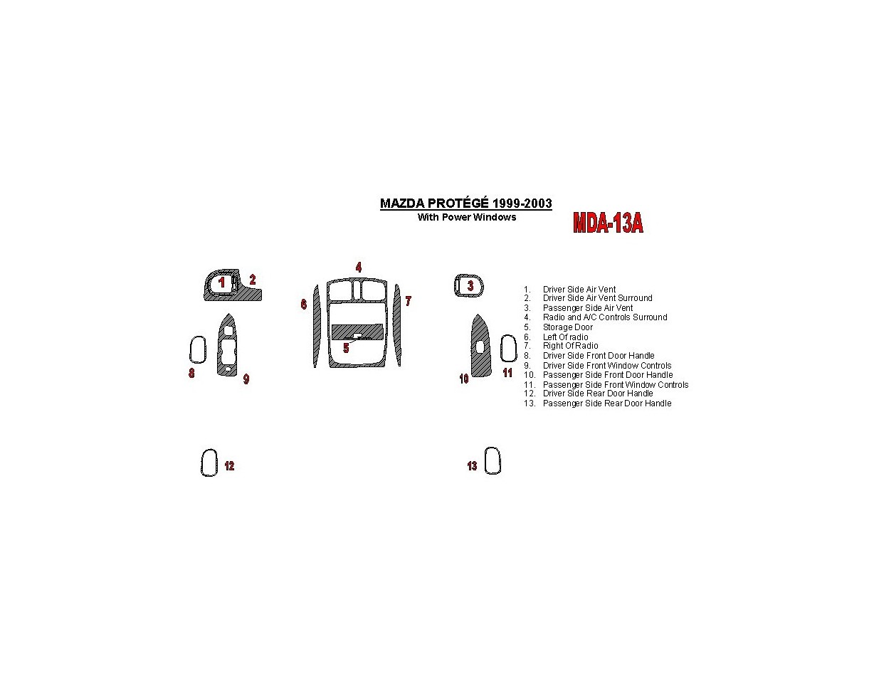 Mazda Protege 1999-UP With Power Windows 13 Parts set Decor de carlinga su interior