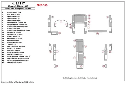 Mazda RX-7 1993-1995 Full Set, 5 Parts set Interior BD Dash Trim Kit