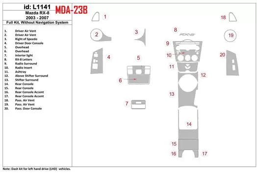 Mazda RX-8 2003-2007 Full Set, Without NAVI system Interior BD Dash Trim Kit