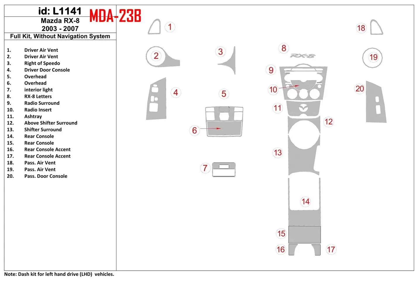 Mazda RX-8 2003-2007 Full Set, Without NAVI system BD Interieur Dashboard Bekleding Volhouder
