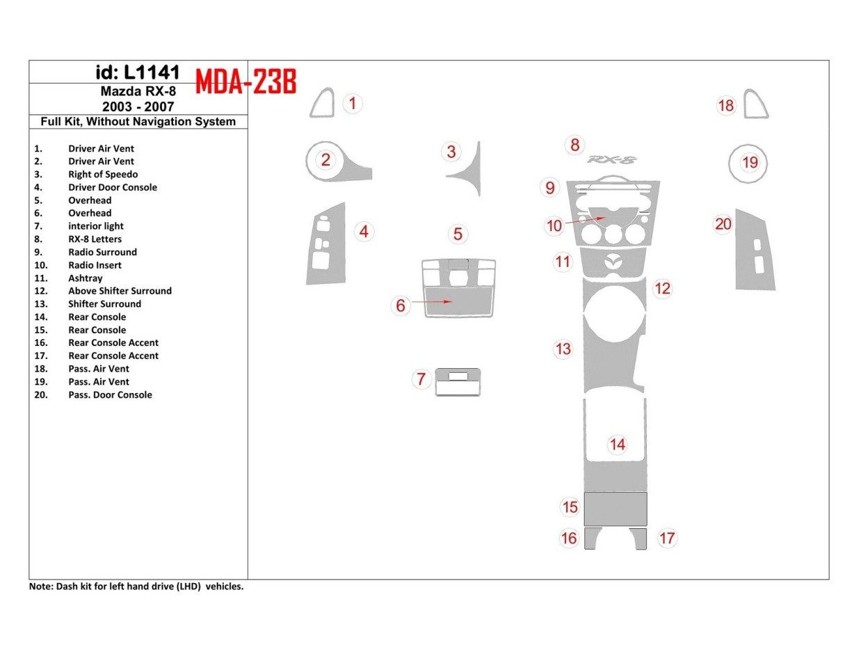 Mazda RX-8 2003-2007 Full Set, Without NAVI system Interior BD Dash Trim Kit