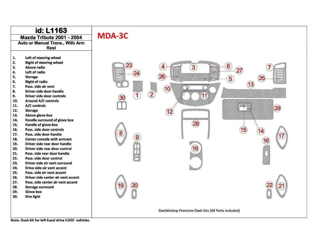Mazda Tribute 2001-2004 Auto or Manual Gearbox , With Armrest Console Interior BD Dash Trim Kit