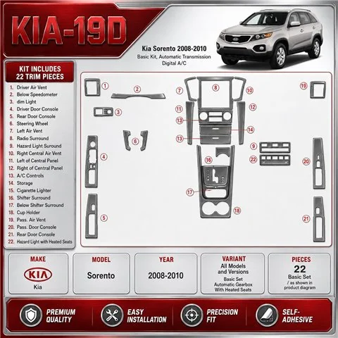 KIA Sorento 2008-2010 kit de base, boîte automatique,avec Heated Seats kit décoration intérieure tableau de bord