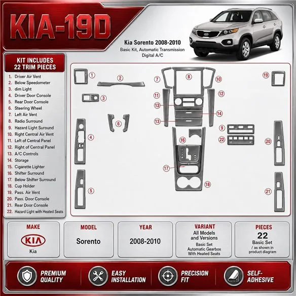 KIA Sorento 2008-2010 Basic Set, Automatic Gear,with Heated Seats Interior Dashboard Trim Kit Dash Trim Dekor